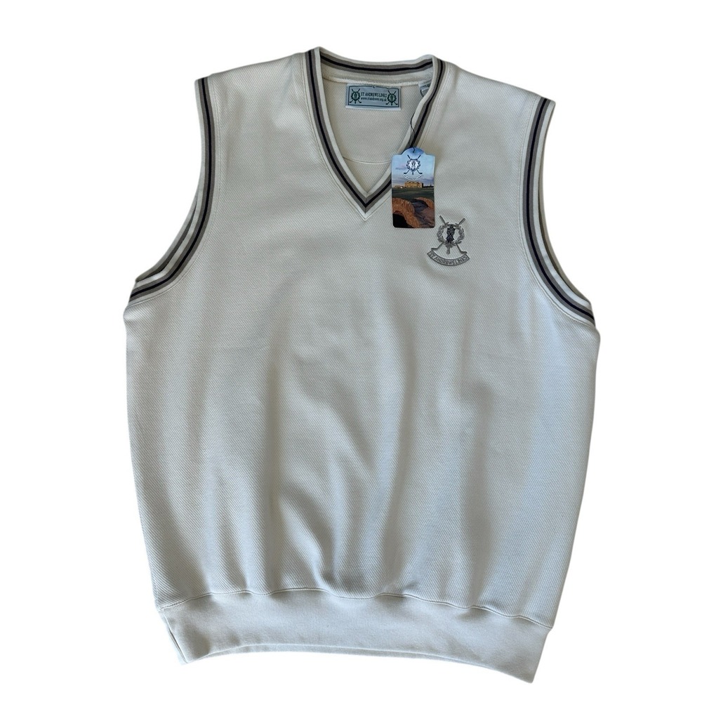 St Andrews Scotland Vest Golf Polo Shirt Sweater Men's Large Off White Tags READ